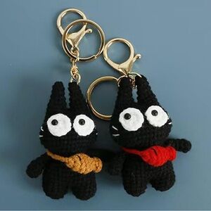 🐈‍⬛NEW Black Cat Bag Charm Crochet Oversized Eyes Accent Fish Detail Kitty Cute